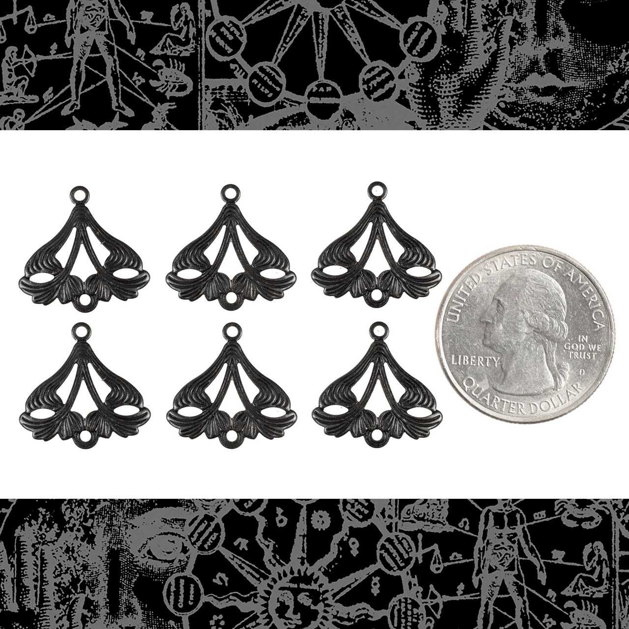 Gunmetal Finish Brass Leafy Triangle Two Ring Connectors - Set of Six - G-2C48